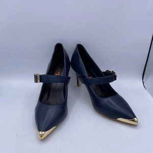 FSJ Navy Pointy Toe Stilettos Mary Jane Heel Pumps